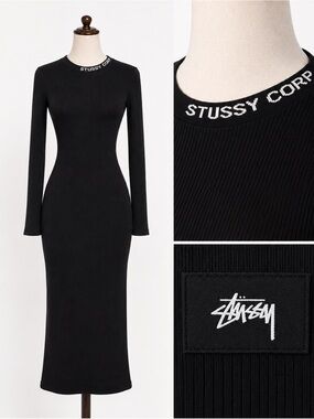 Y2K Stussy text long sleeve knit fitted midi dress. XS